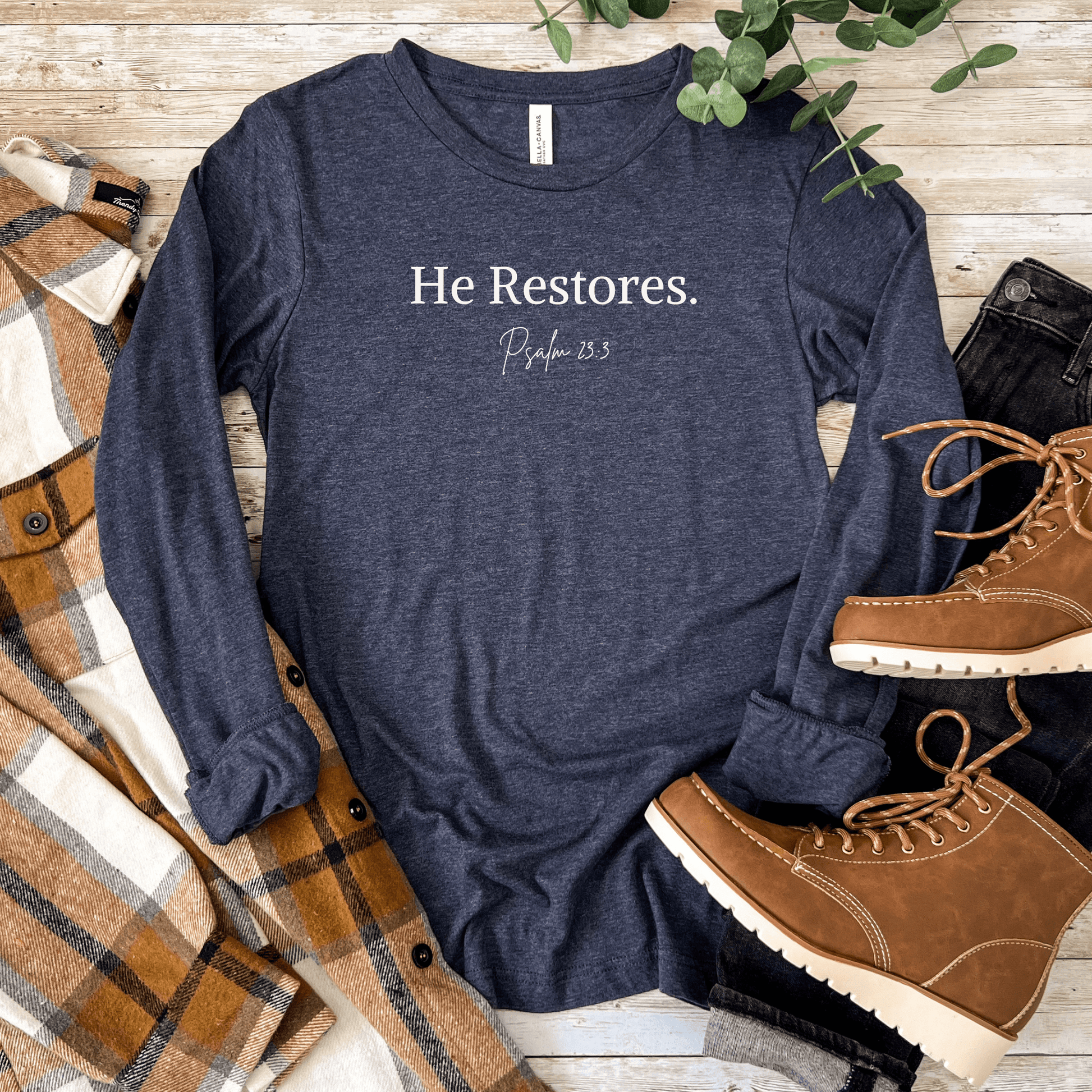 He Restores – Psalm 23:3 Unisex Long Sleeve Tee - Harmony + Hope
