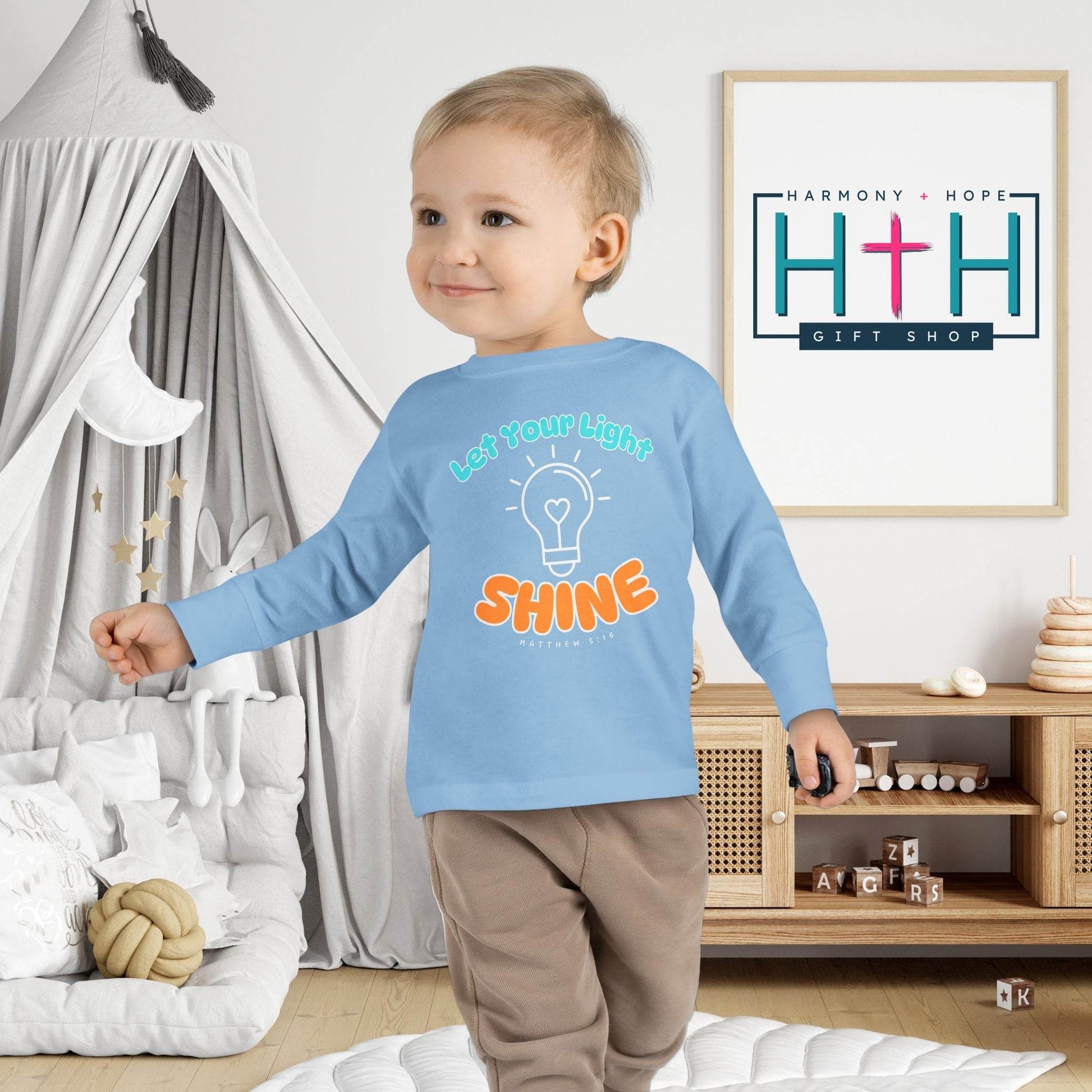 Let Your Light Shine – Kids' Long Sleeve Tee (Matthew 5:16) - Harmony + Hope