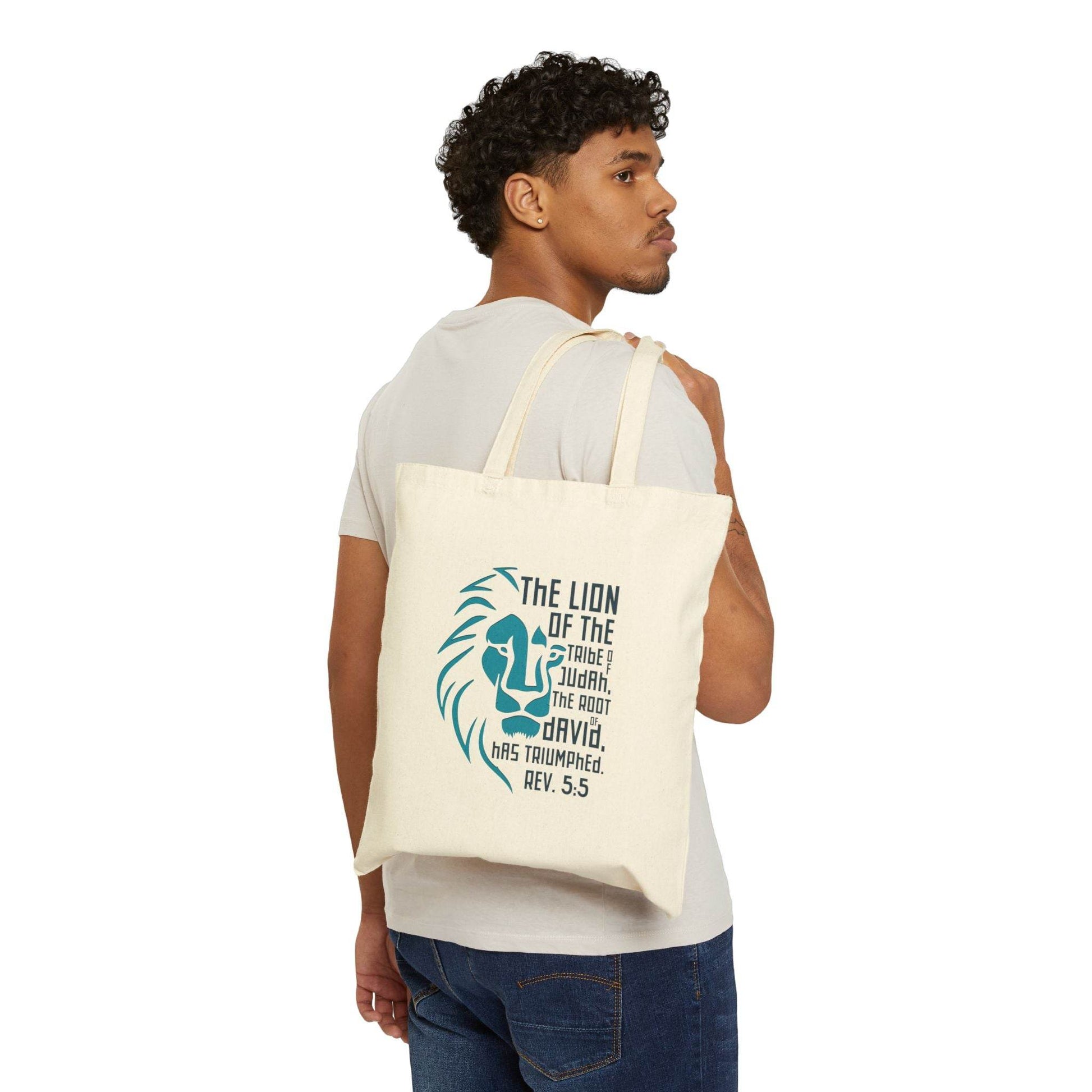 Lion of Judah Tote Bag – Revelation 5:5 Bible Verse Canvas in Natural or Black - Harmony + Hope