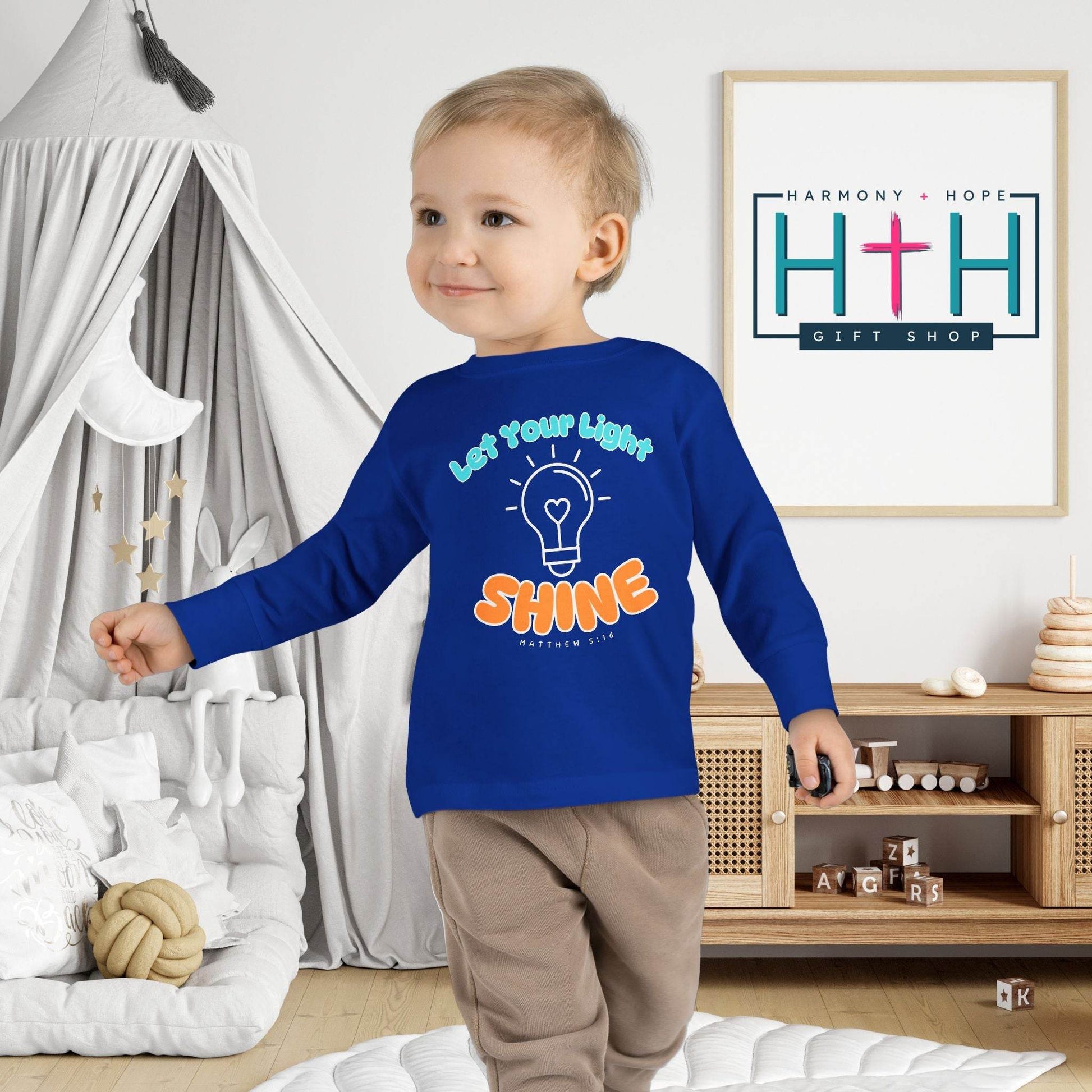Let Your Light Shine – Kids' Long Sleeve Tee (Matthew 5:16) - Harmony + Hope