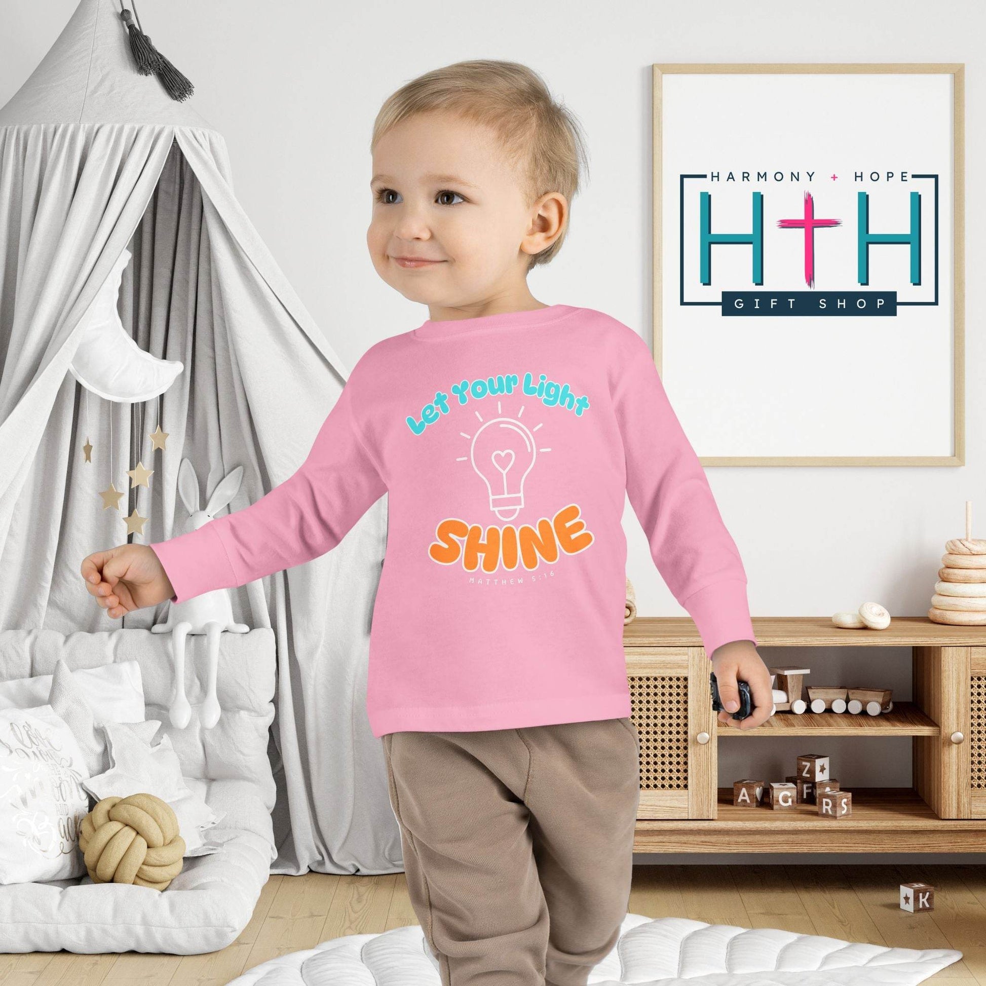 Let Your Light Shine – Kids' Long Sleeve Tee (Matthew 5:16) - Harmony + Hope