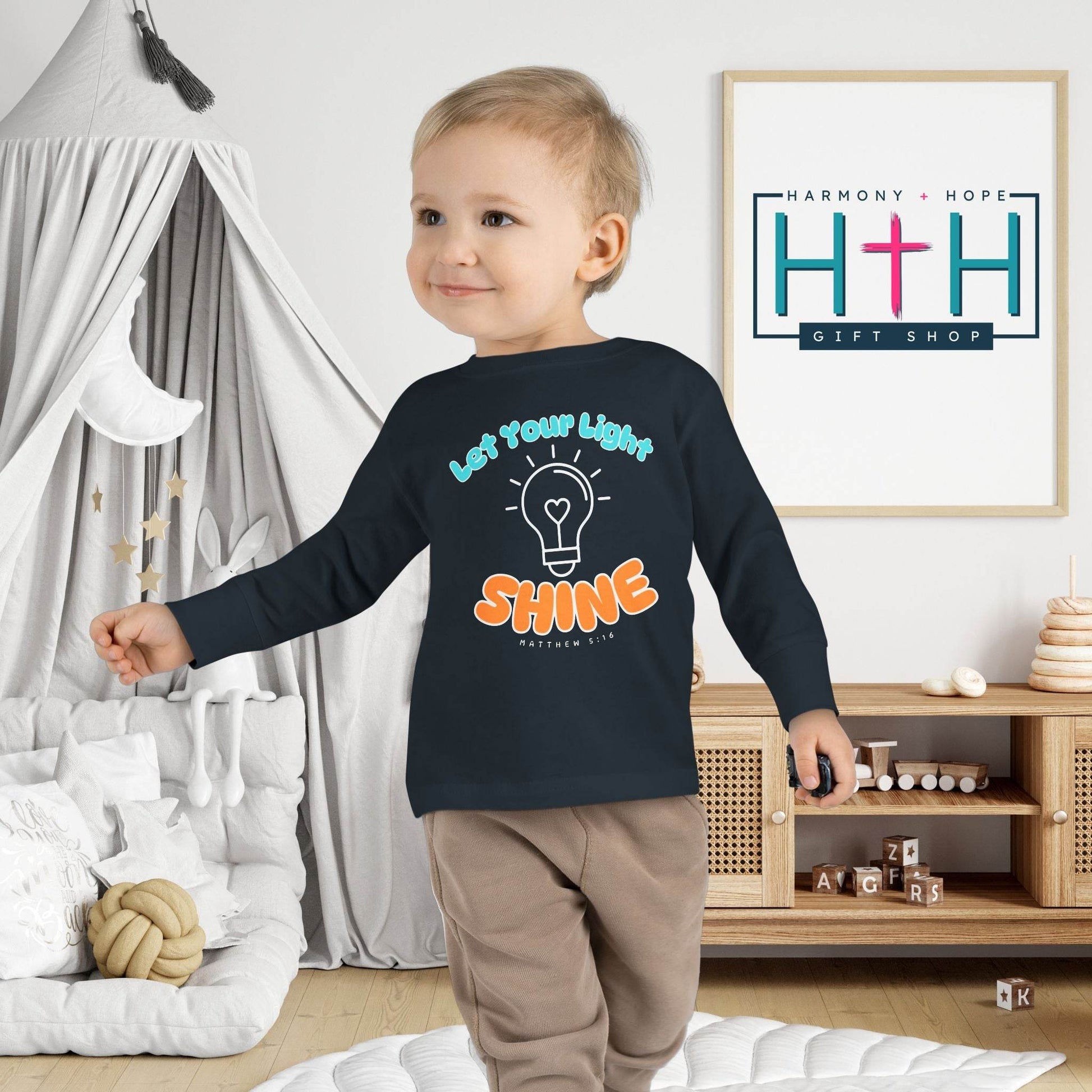 Let Your Light Shine – Kids' Long Sleeve Tee (Matthew 5:16) - Harmony + Hope