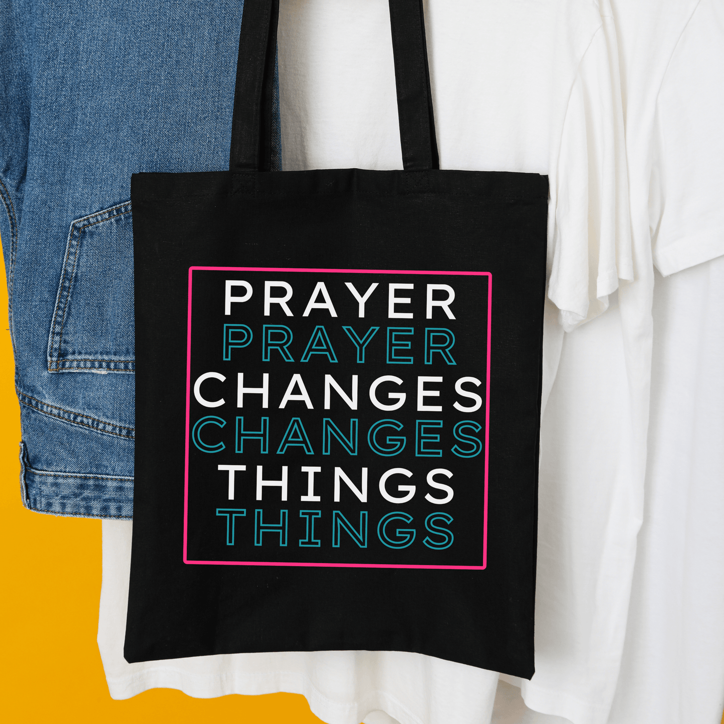 Prayer Changes Things Christian Tote Bag – Natural or Black Canvas - Harmony + Hope