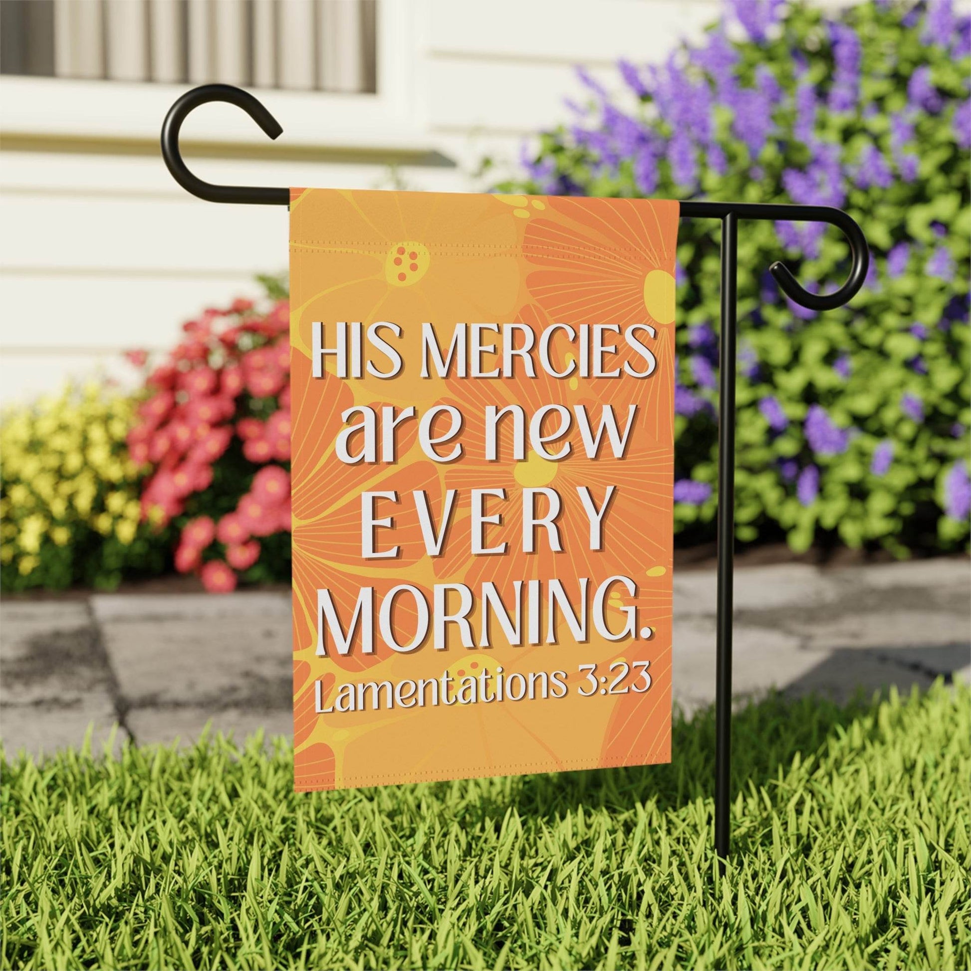 His Mercies Are New Every Morning – Christian Garden Banner (Bright Orange) - Harmony + Hope