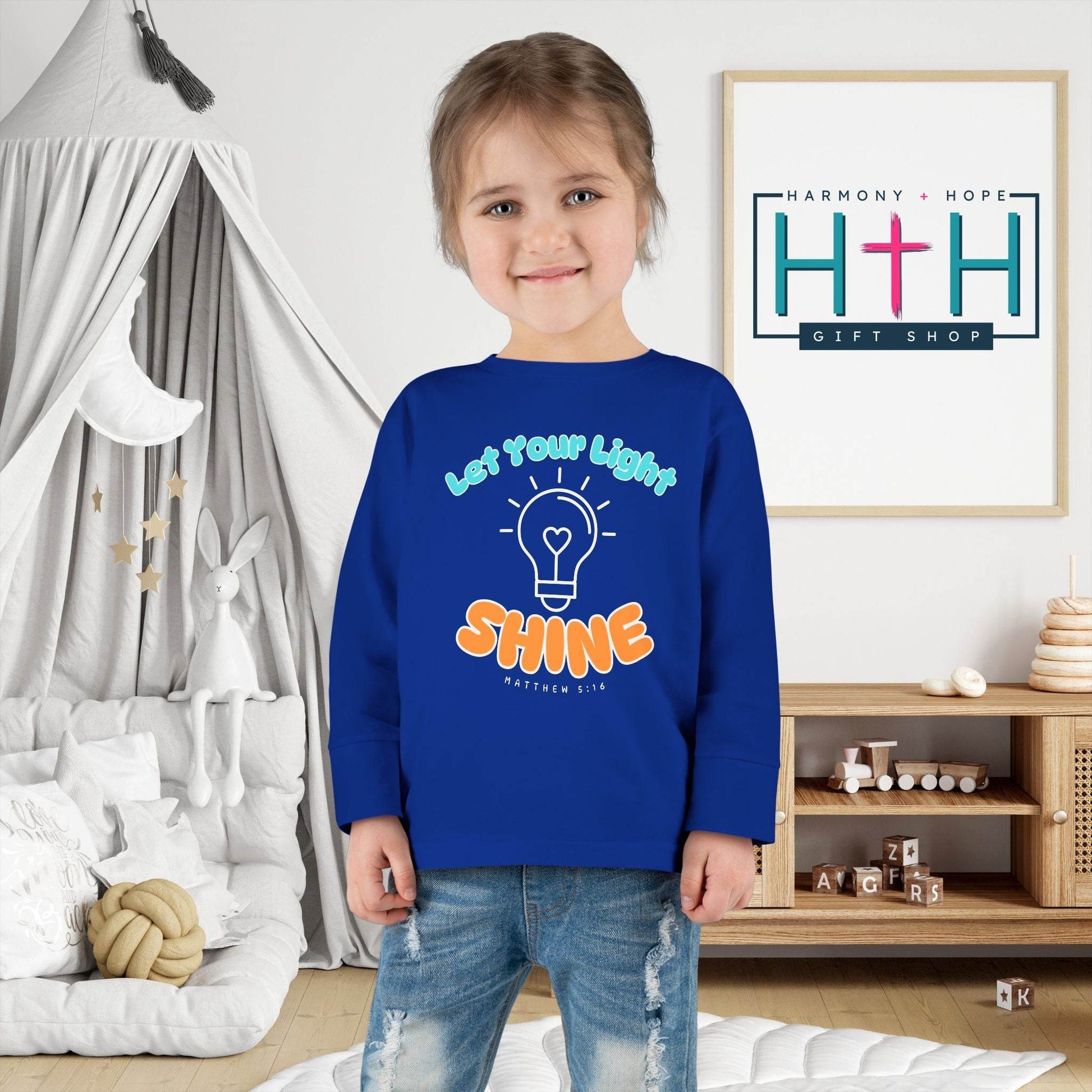Let Your Light Shine – Kids' Long Sleeve Tee (Matthew 5:16) - Harmony + Hope