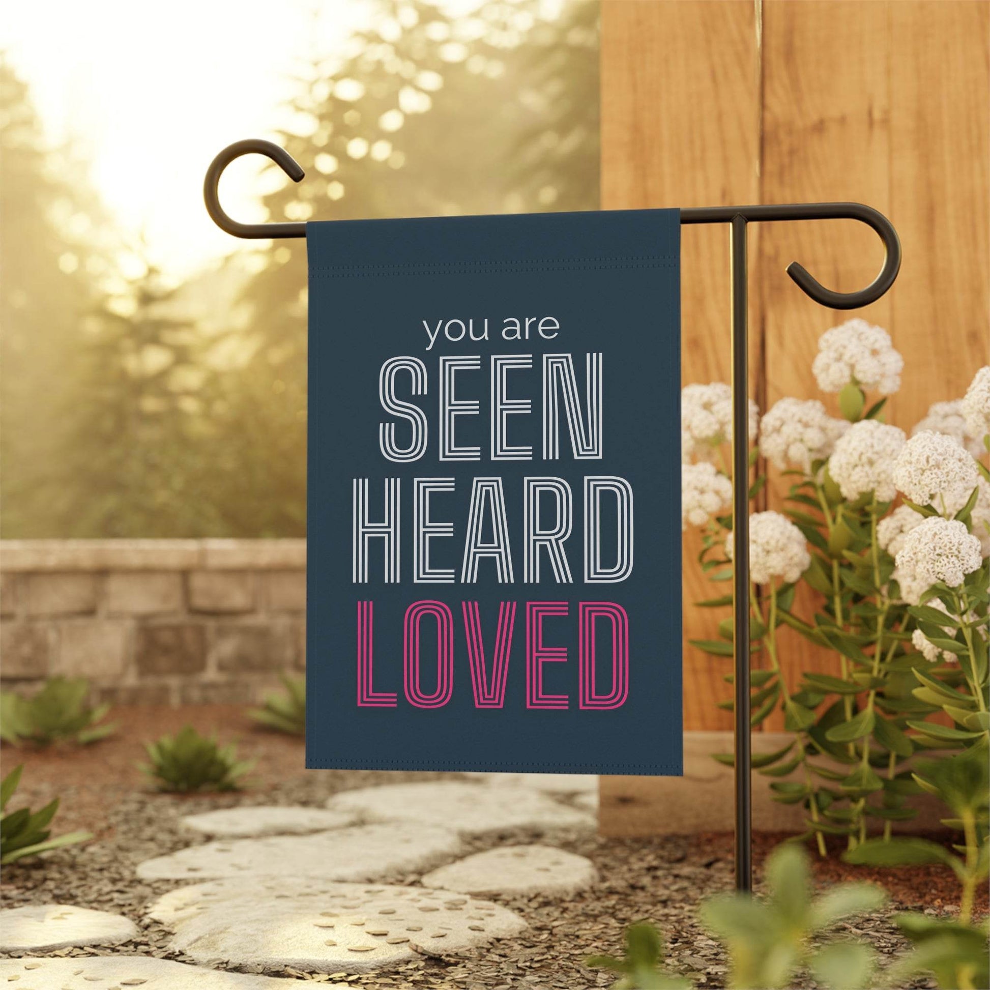 You Are Seen, Heard, Loved – Navy Christian Garden Banner - Harmony + Hope