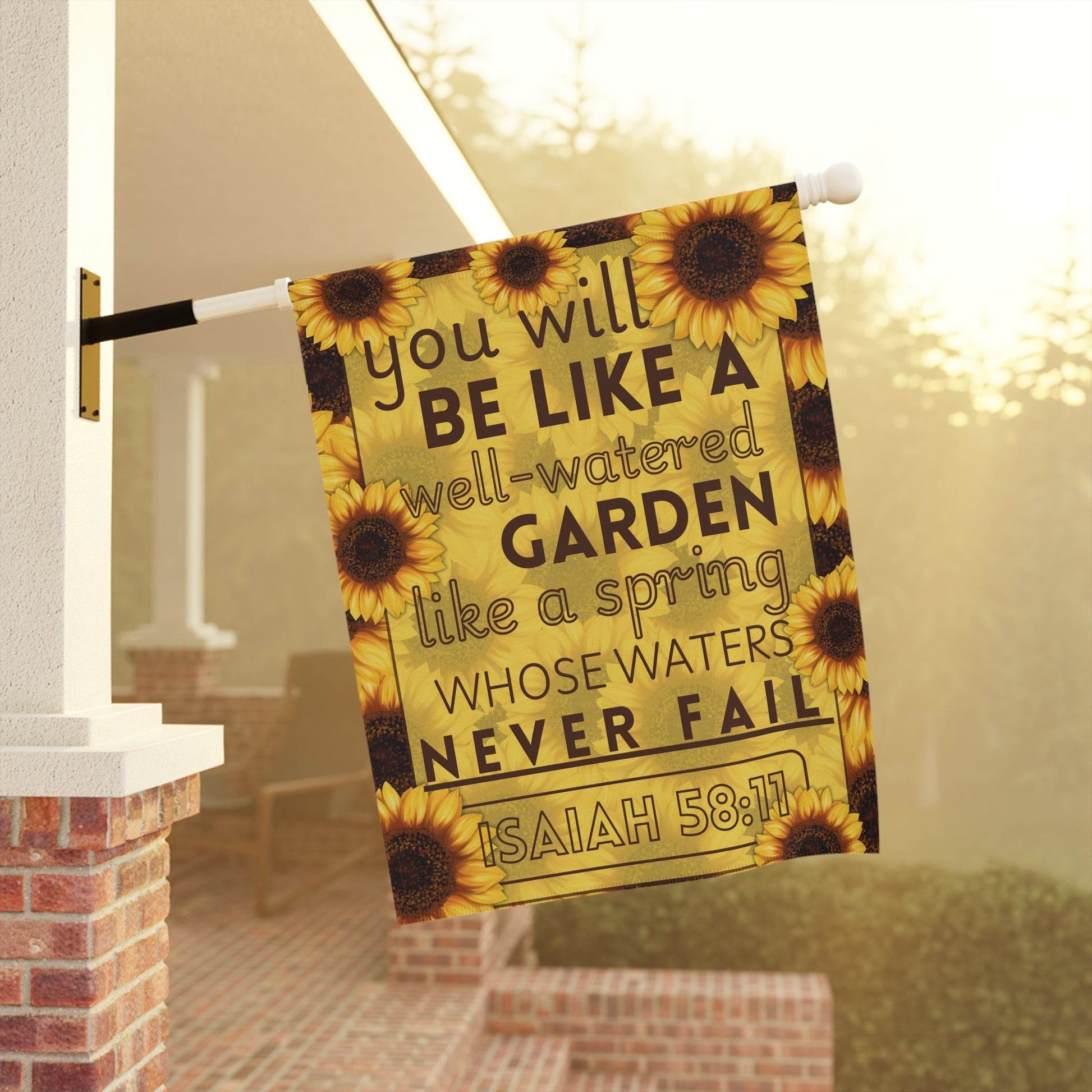 Isaiah 58:11 Sunflower Garden Banner – Christian Outdoor Flag - Harmony + Hope