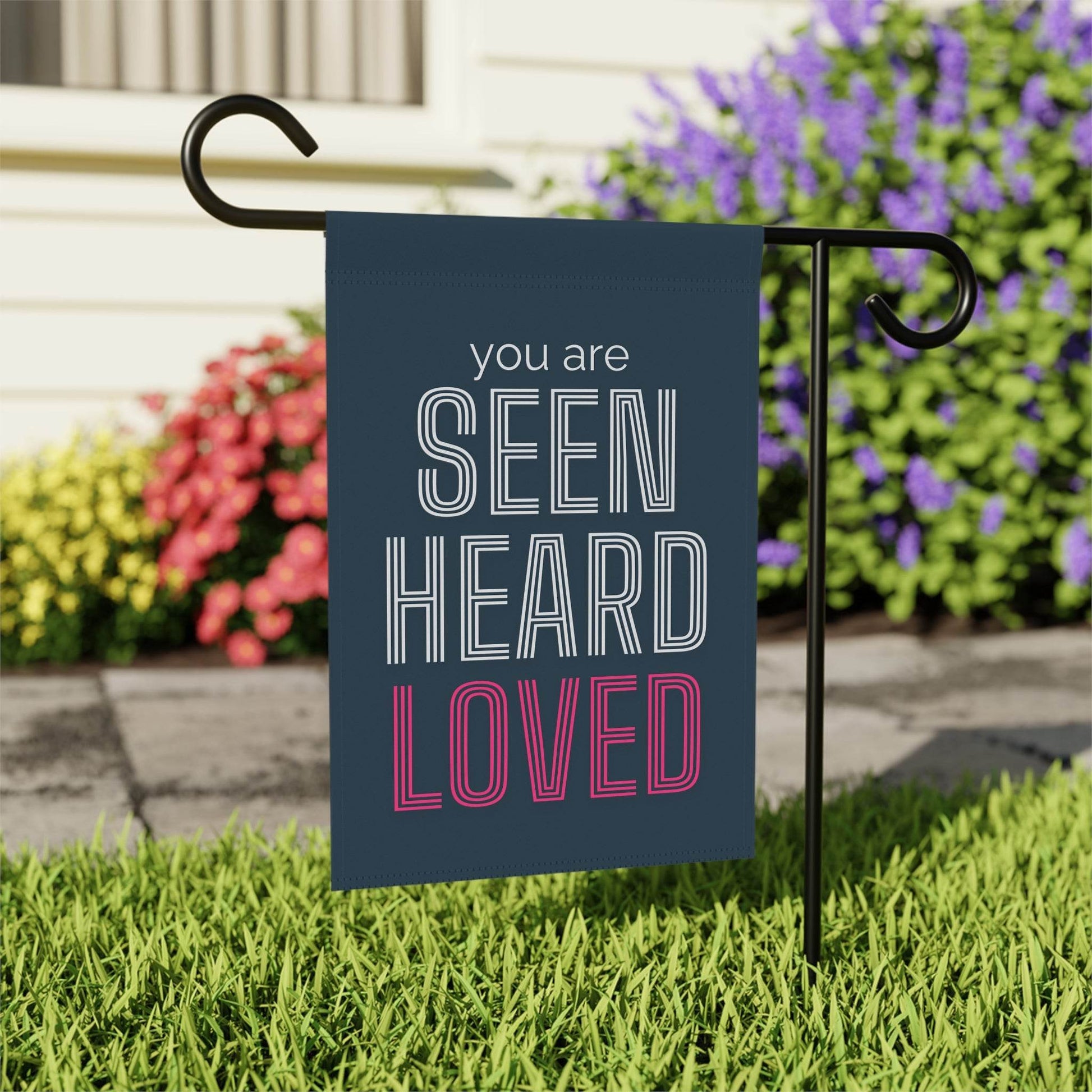 You Are Seen, Heard, Loved – Navy Christian Garden Banner - Harmony + Hope