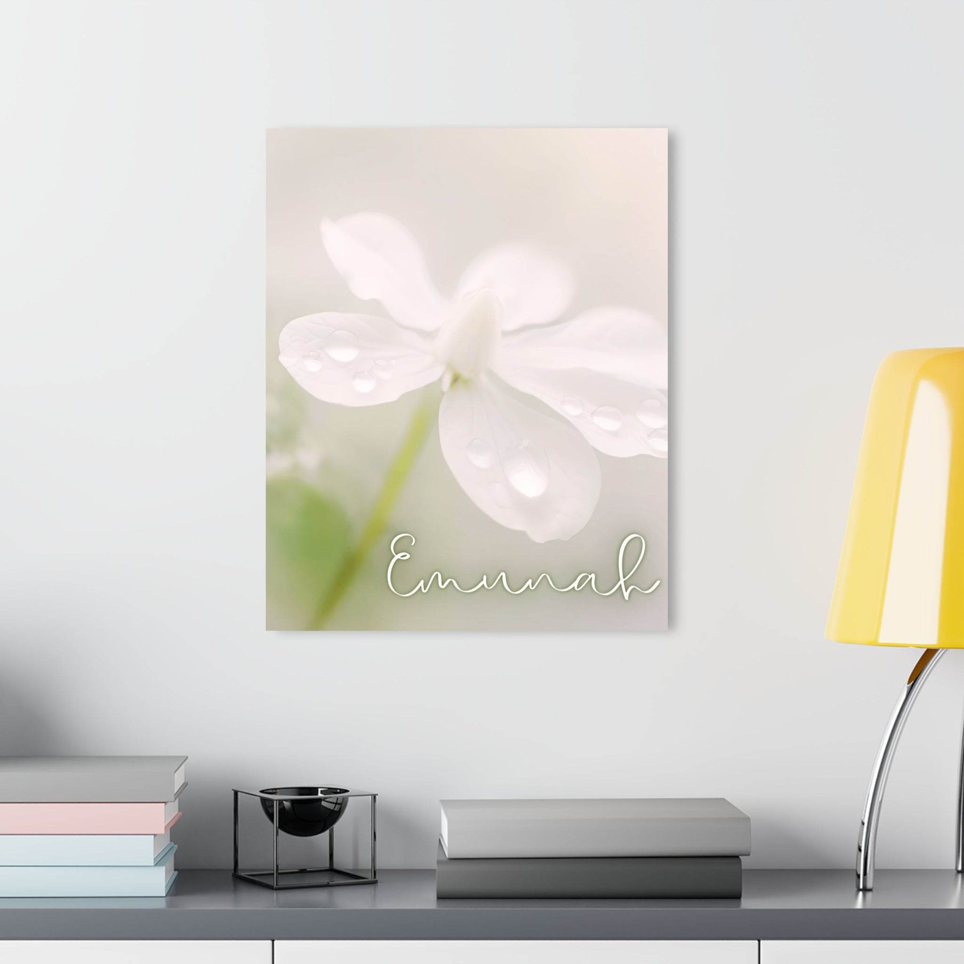 Emunah – Hebrew Faith Acrylic Wall Art with Dewy Floral Design - Harmony + Hope