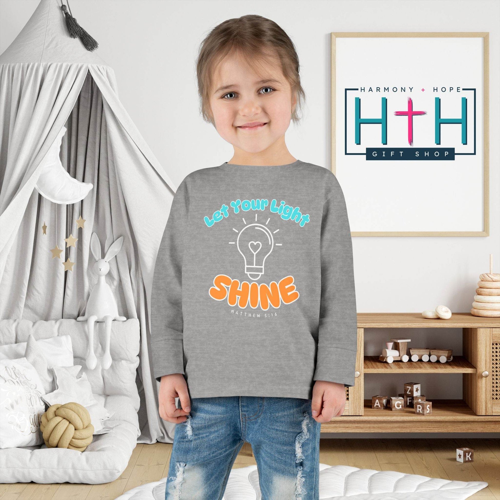 Let Your Light Shine – Kids' Long Sleeve Tee (Matthew 5:16) - Harmony + Hope