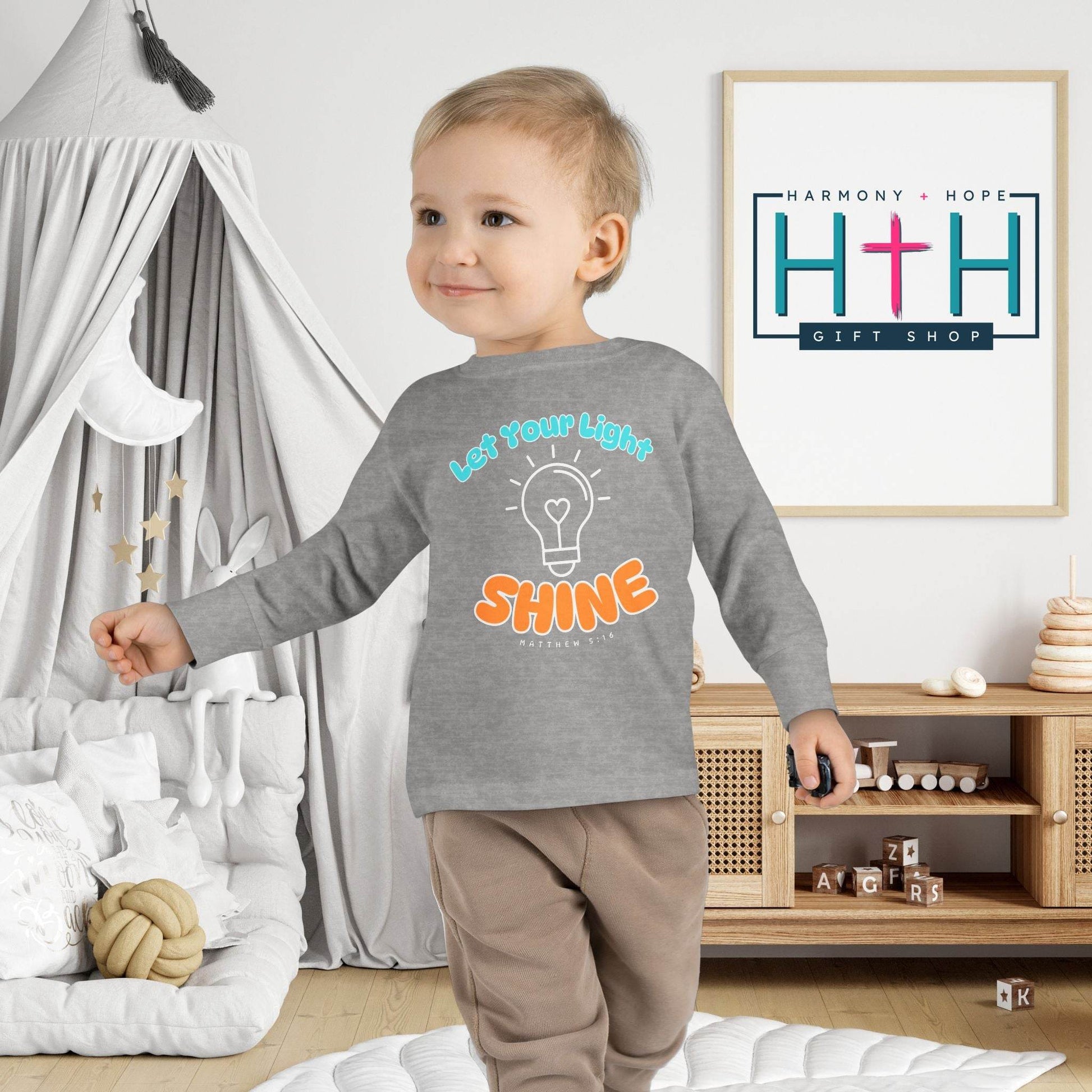 Let Your Light Shine – Kids' Long Sleeve Tee (Matthew 5:16) - Harmony + Hope