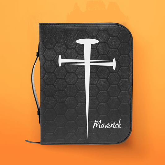 Custom Men's Bible Cover – Cross of Nails | Personalized Name & Verse | Never Tire - Harmony + Hope