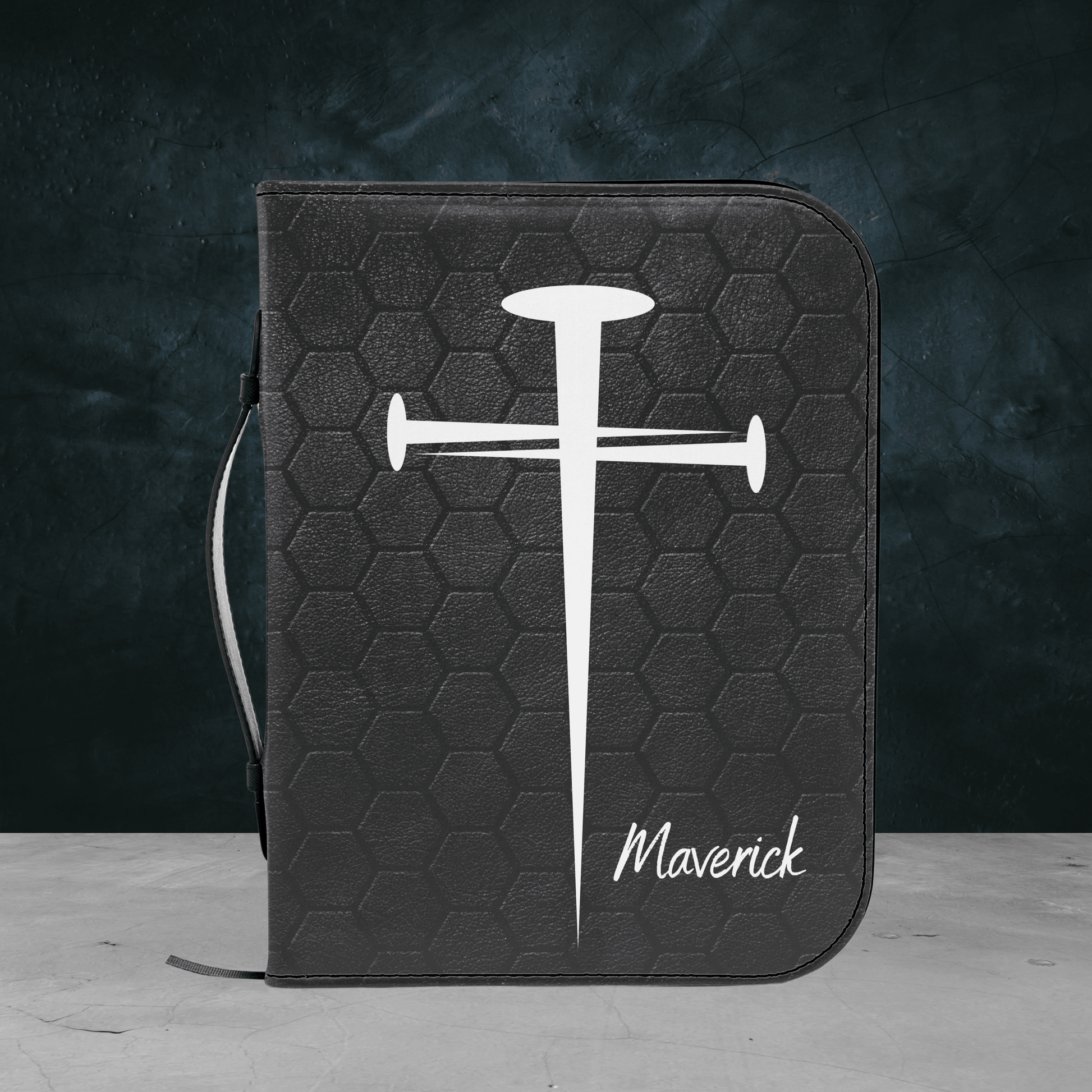 Custom Men's Bible Cover – Cross of Nails | Personalized Name & Verse | Never Tire - Harmony + Hope