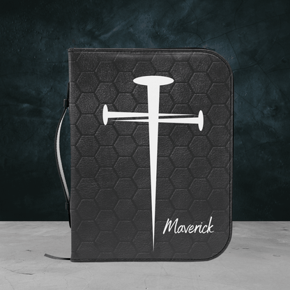 Custom Men's Bible Cover – Cross of Nails | Personalized Name & Verse | Never Tire - Harmony + Hope