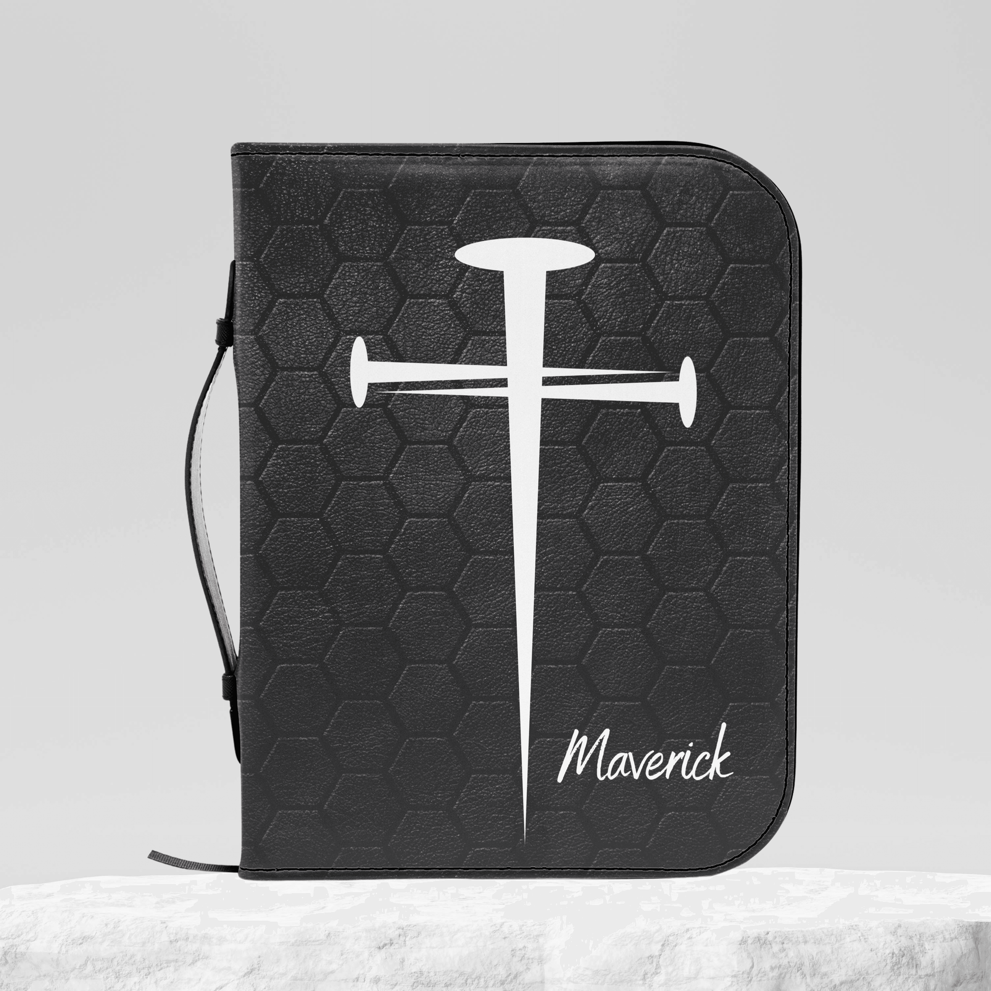 Custom Men's Bible Cover – Cross of Nails | Personalized Name & Verse | Never Tire - Harmony + Hope