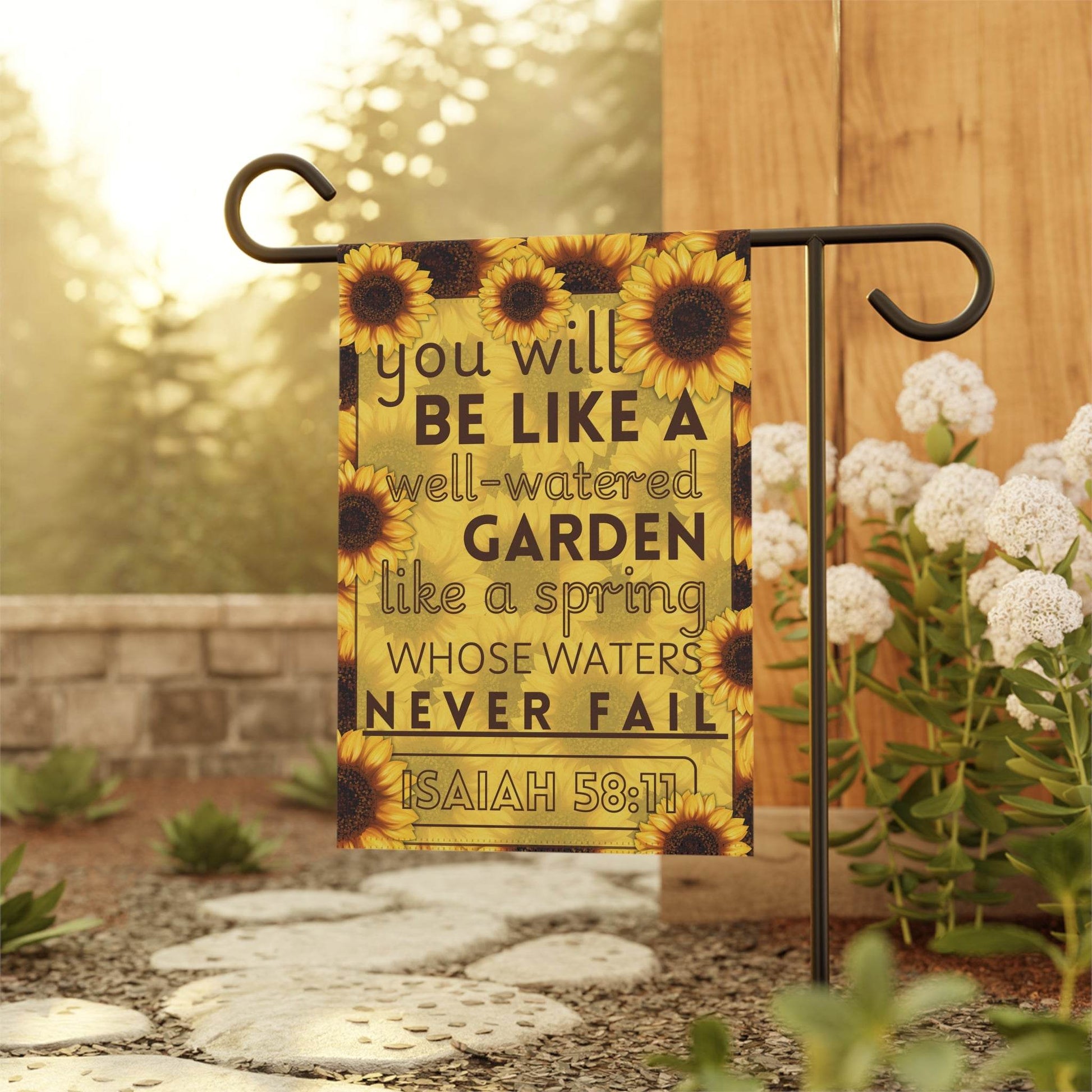 Isaiah 58:11 Sunflower Garden Banner – Christian Outdoor Flag - Harmony + Hope