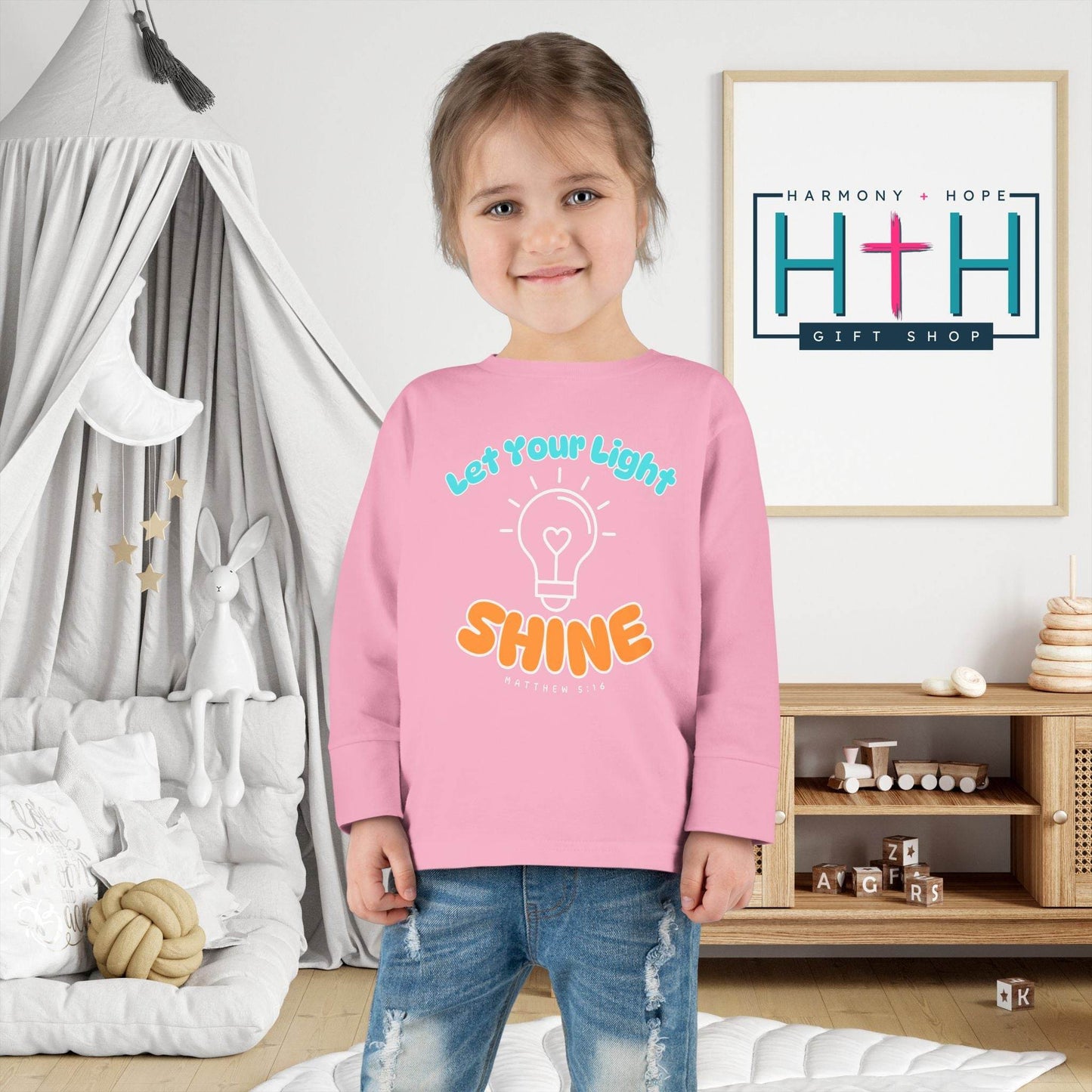 Let Your Light Shine – Kids' Long Sleeve Tee (Matthew 5:16) - Harmony + Hope