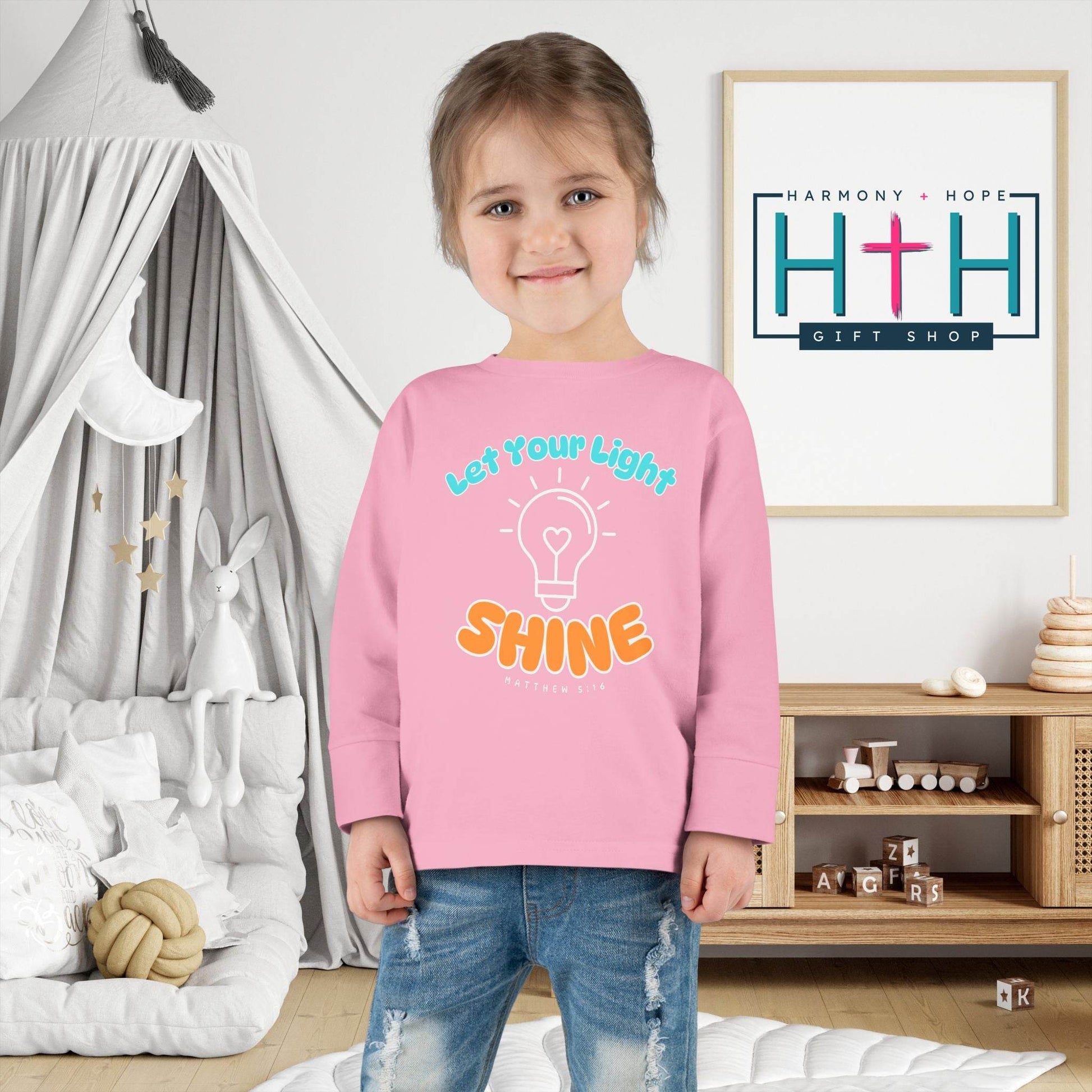 Let Your Light Shine – Kids' Long Sleeve Tee (Matthew 5:16) - Harmony + Hope