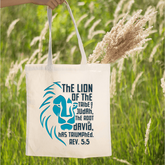 Lion of Judah Tote Bag – Revelation 5:5 Bible Verse Canvas in Natural or Black - Harmony + Hope