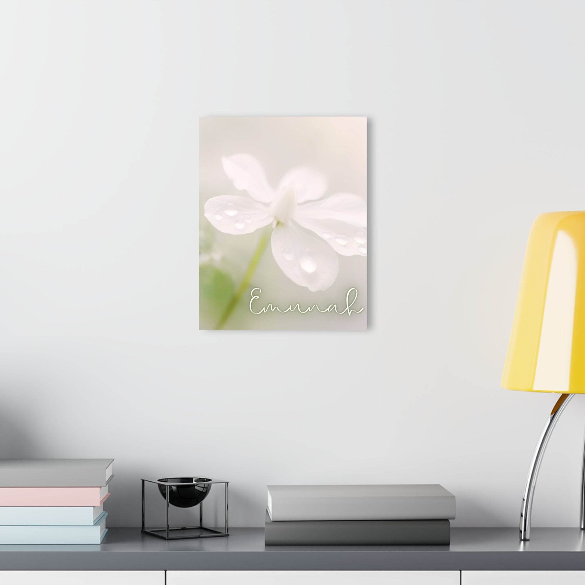 Emunah – Hebrew Faith Acrylic Wall Art with Dewy Floral Design - Harmony + Hope