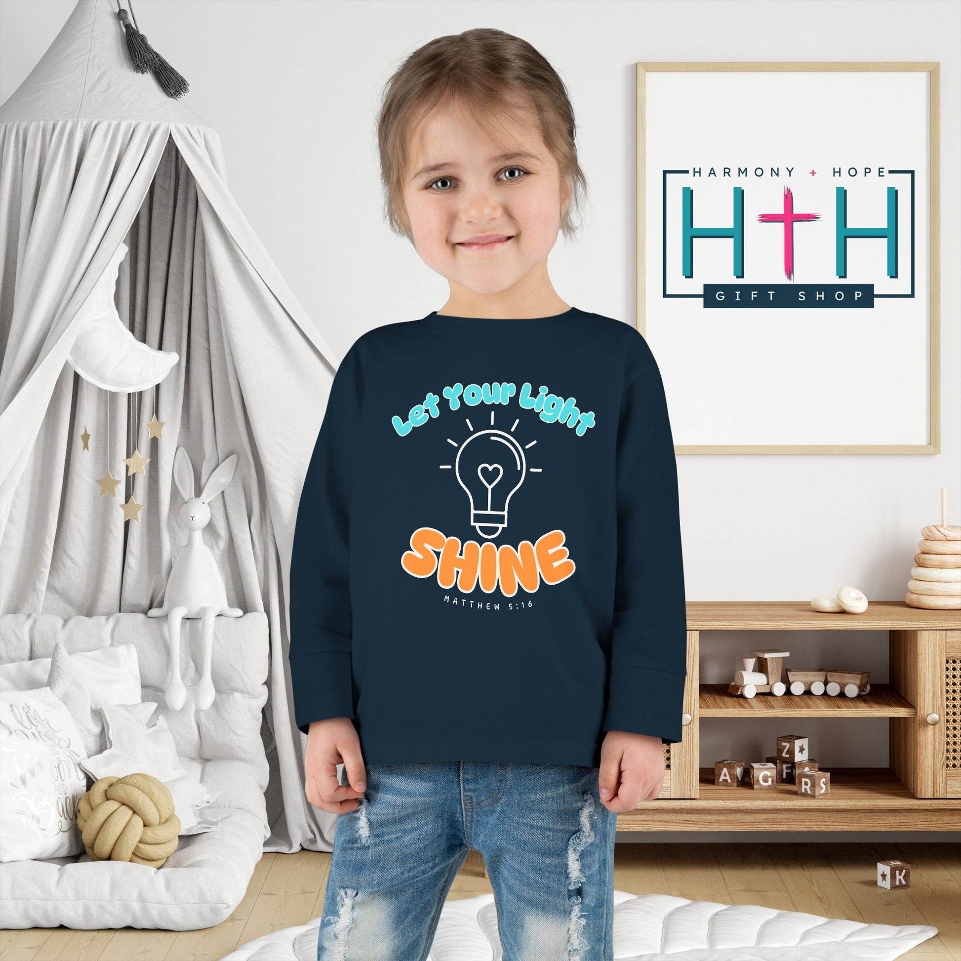 Let Your Light Shine – Kids' Long Sleeve Tee (Matthew 5:16) - Harmony + Hope