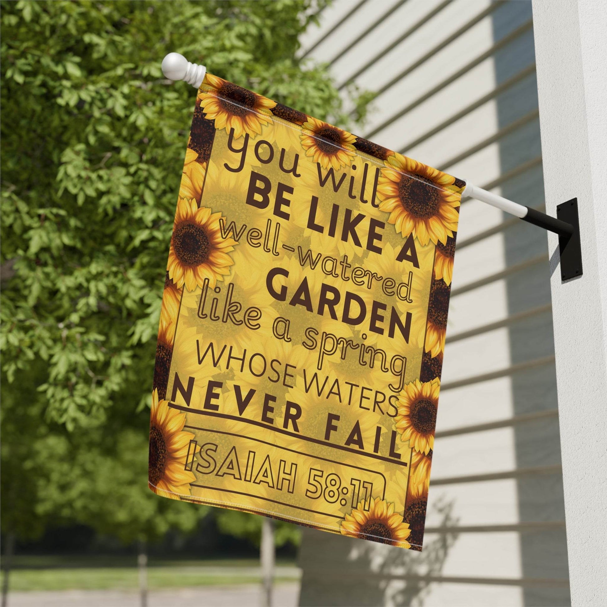 Isaiah 58:11 Sunflower Garden Banner – Christian Outdoor Flag - Harmony + Hope