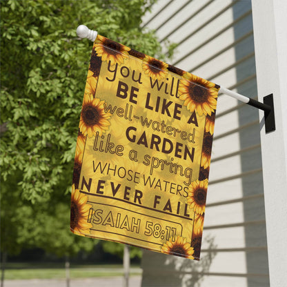 Isaiah 58:11 Sunflower Garden Banner – Christian Outdoor Flag - Harmony + Hope