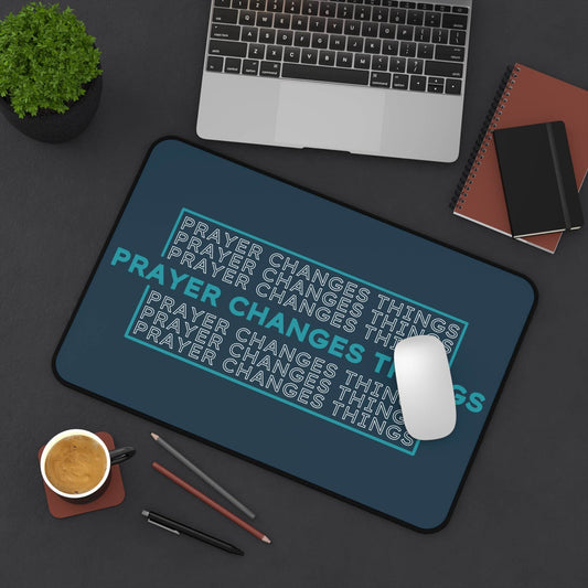 Prayer Changes Things – Repeating Phrase Desk Mat (Navy & Teal) - Harmony + Hope