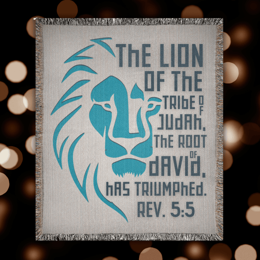 Lion of Judah – Revelation 5:5 Woven Blanket (Natural & Teal) - Harmony + Hope