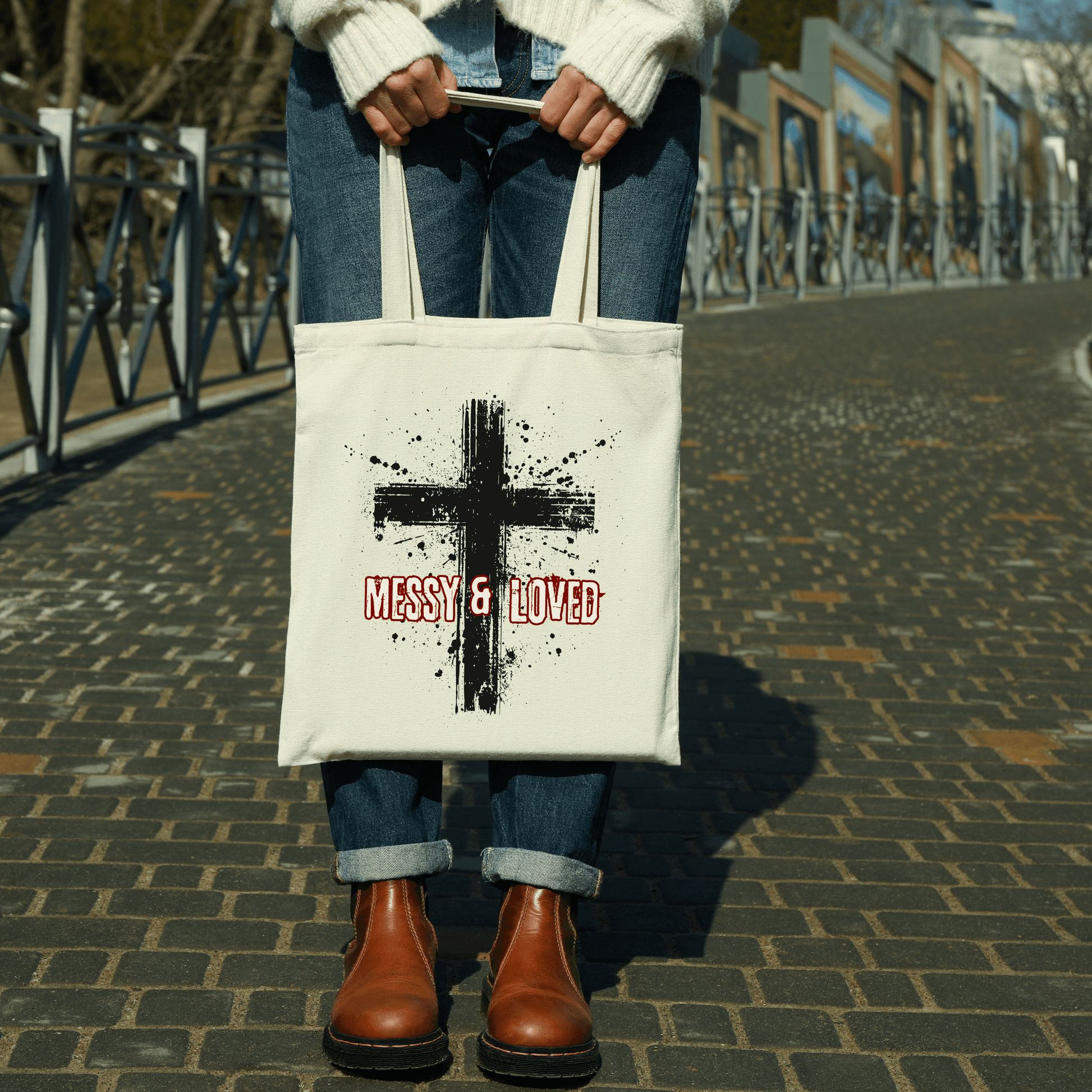 Messy and Loved Canvas Tote Bag – Bold Cross Design - Harmony + Hope