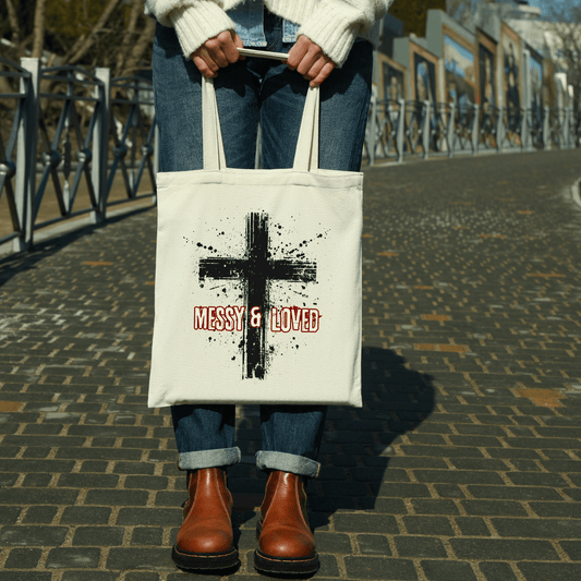 Messy and Loved Canvas Tote Bag – Bold Cross Design - Harmony + Hope