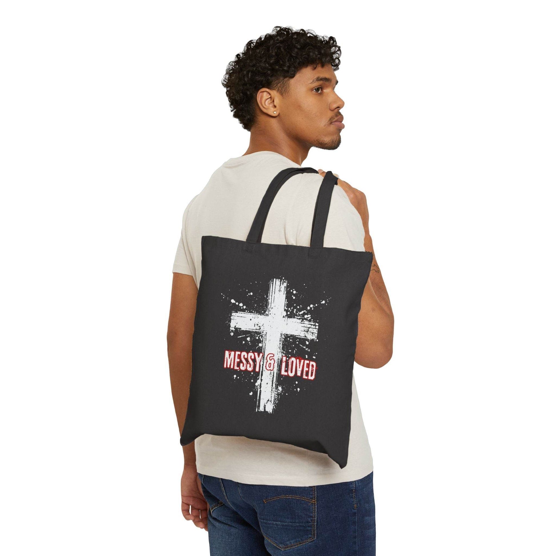 Messy and Loved Canvas Tote Bag – Bold Cross Design - Harmony + Hope