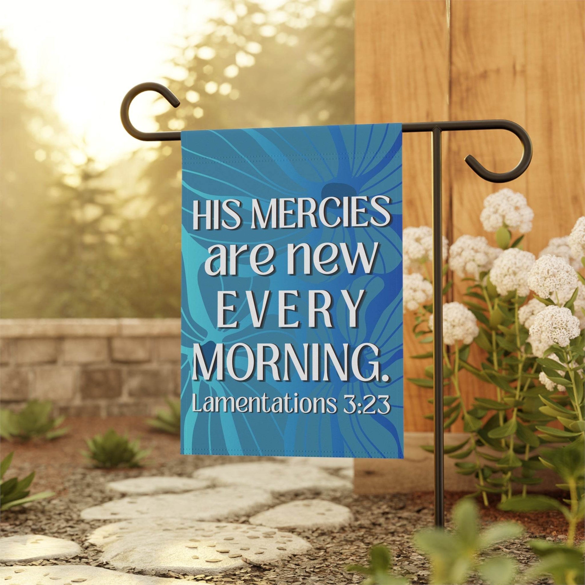 His Mercies Are New Every Morning – Christian Garden Banner (Bright Blue) - Harmony + Hope