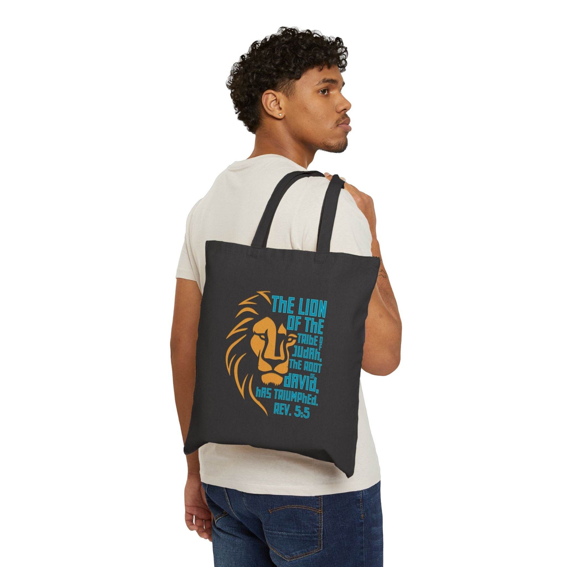 Lion of Judah Tote Bag – Revelation 5:5 Bible Verse Canvas in Natural or Black - Harmony + Hope