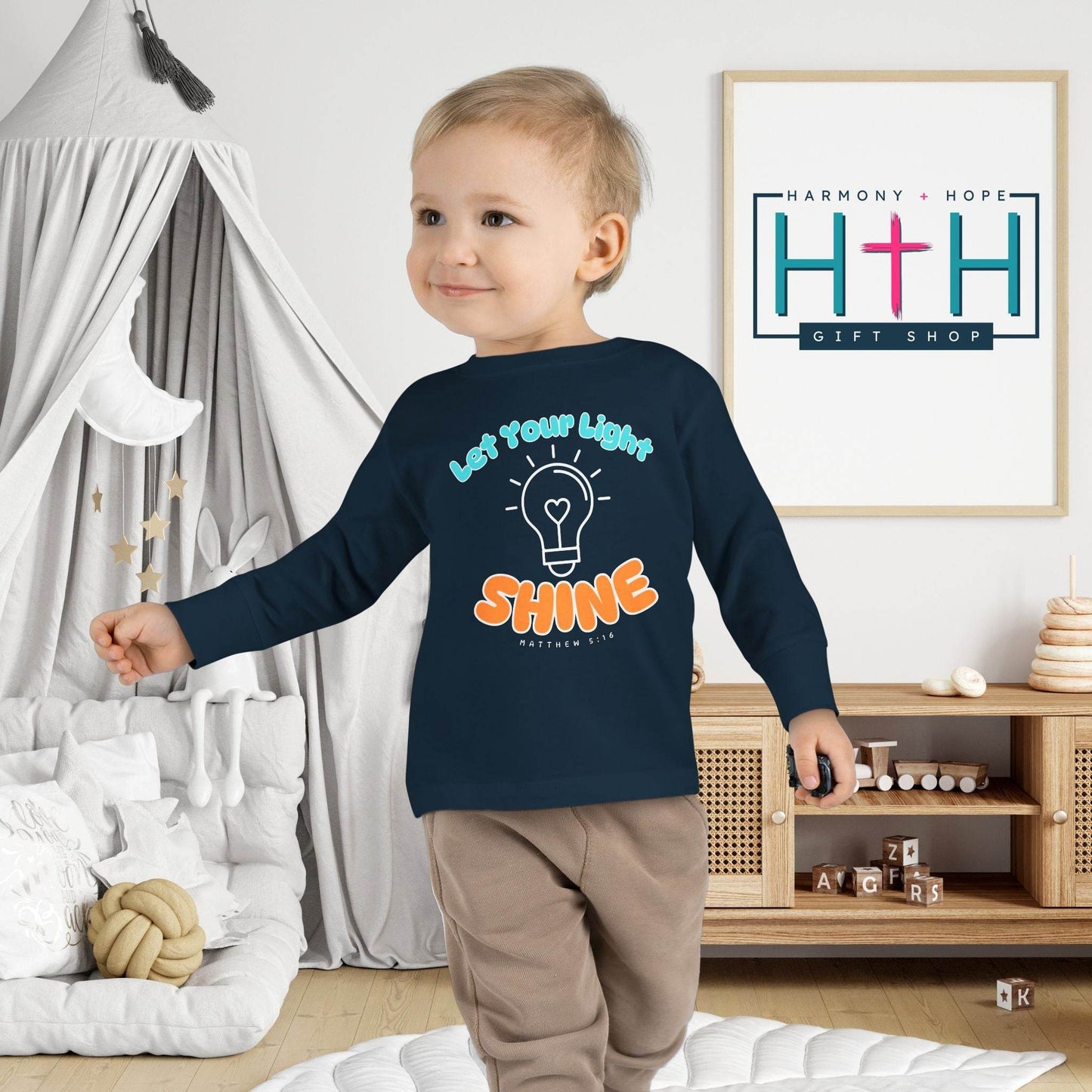 Let Your Light Shine – Kids' Long Sleeve Tee (Matthew 5:16) - Harmony + Hope