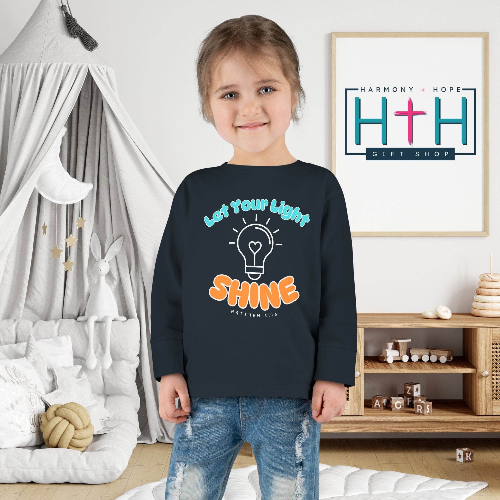 Let Your Light Shine – Kids' Long Sleeve Tee (Matthew 5:16) - Harmony + Hope
