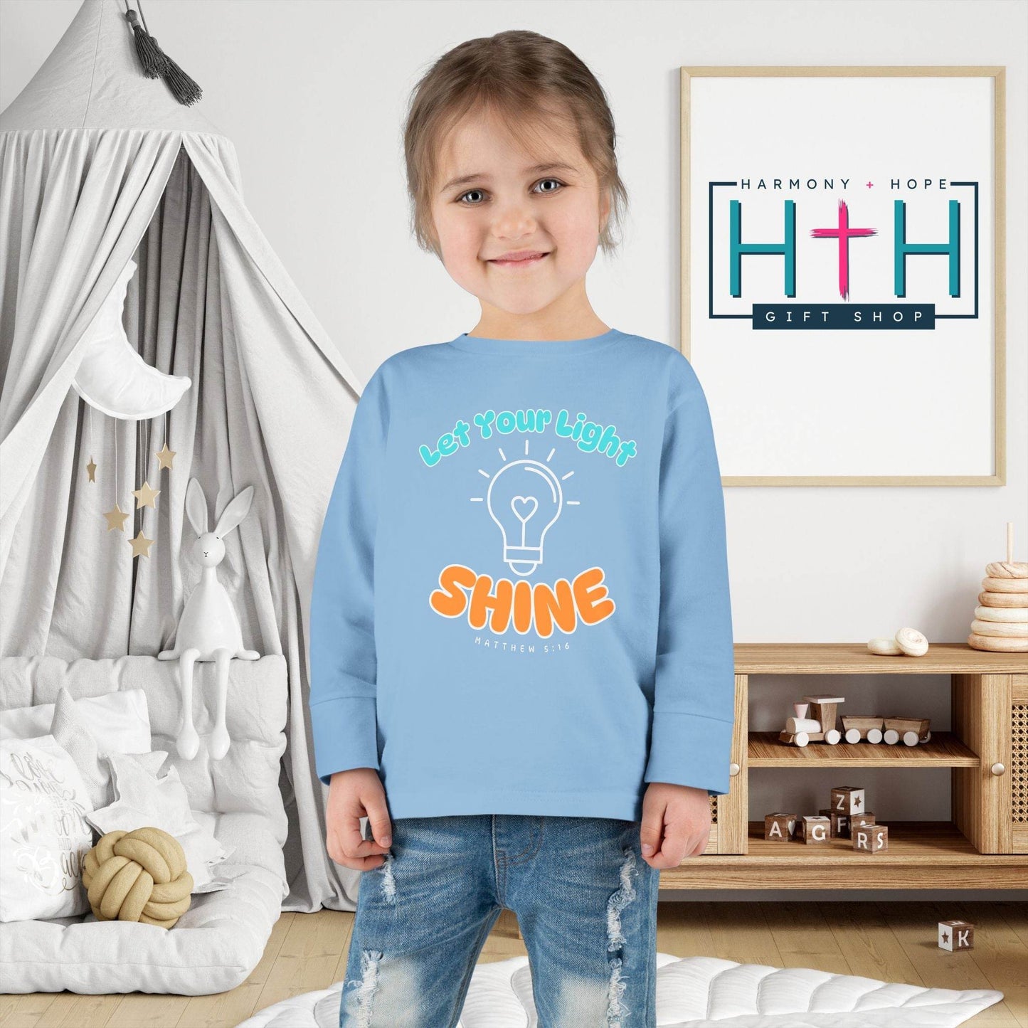 Let Your Light Shine – Kids' Long Sleeve Tee (Matthew 5:16) - Harmony + Hope
