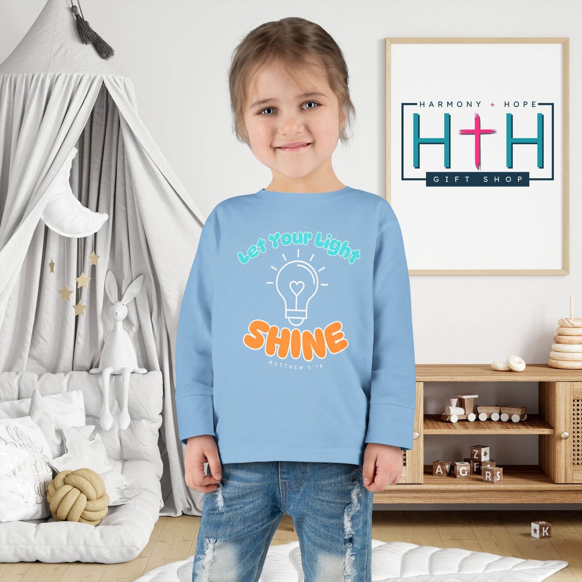 Let Your Light Shine – Kids' Long Sleeve Tee (Matthew 5:16) - Harmony + Hope