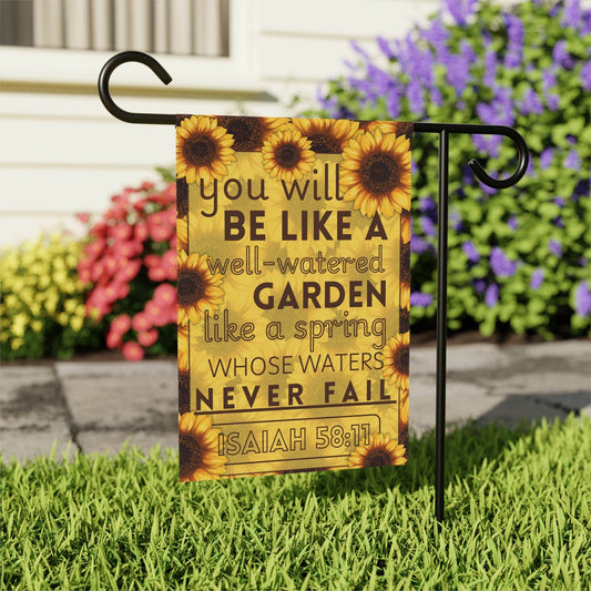Isaiah 58:11 Sunflower Garden Banner – Christian Outdoor Flag - Harmony + Hope