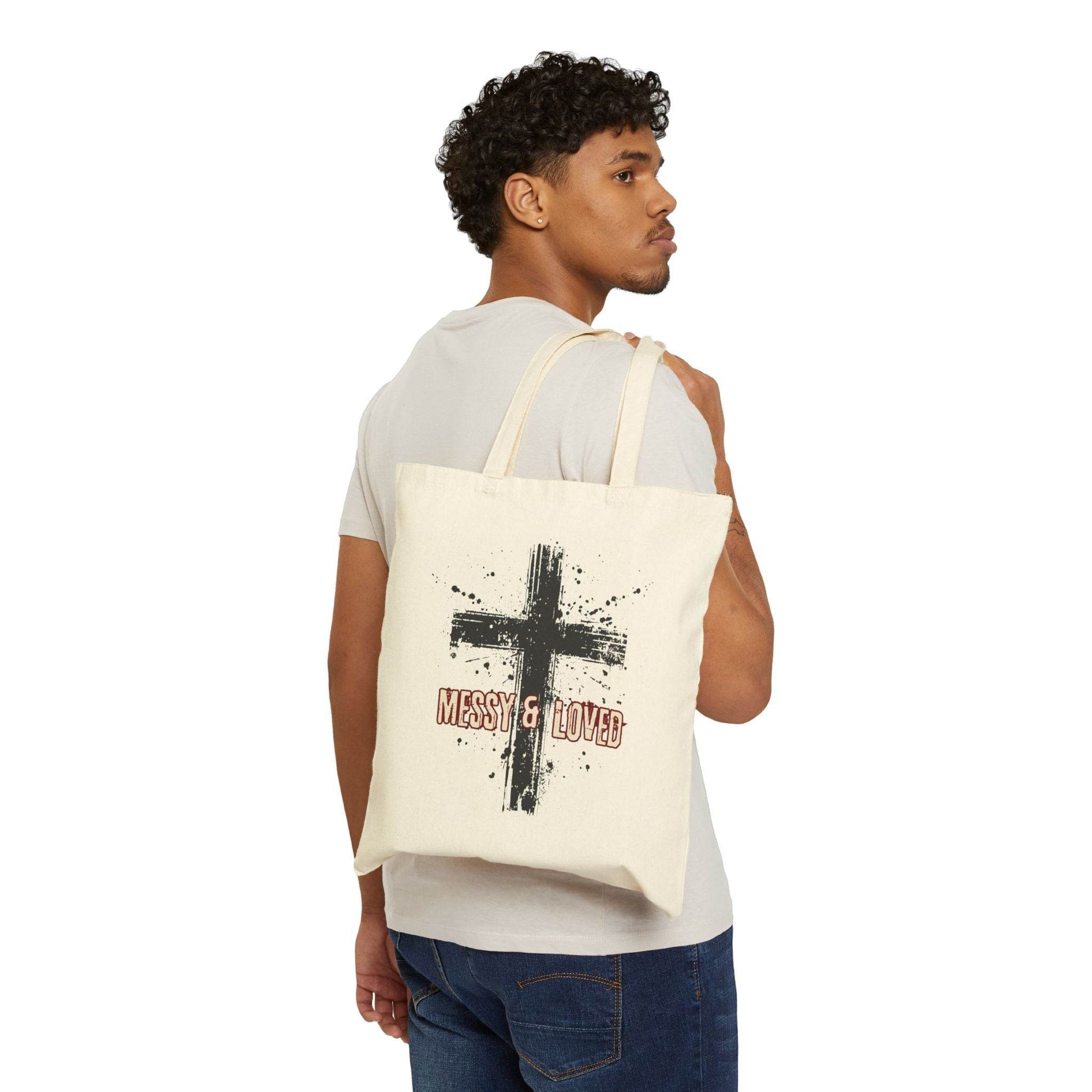 Messy and Loved Canvas Tote Bag – Bold Cross Design - Harmony + Hope