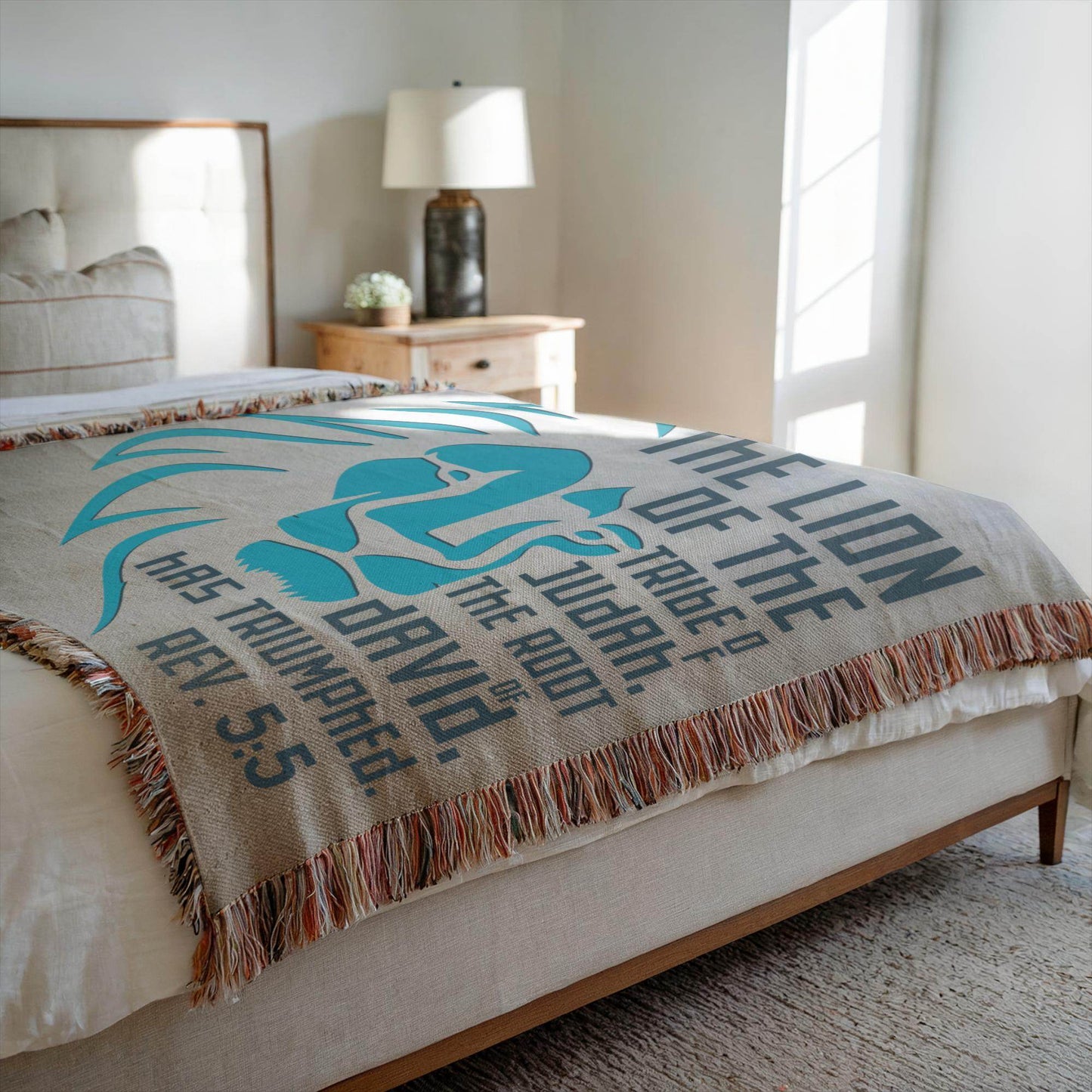 Lion of Judah – Revelation 5:5 Woven Blanket (Natural & Teal) - Harmony + Hope