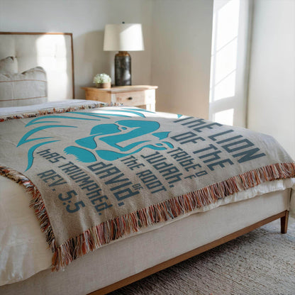 Lion of Judah – Revelation 5:5 Woven Blanket (Natural & Teal) - Harmony + Hope