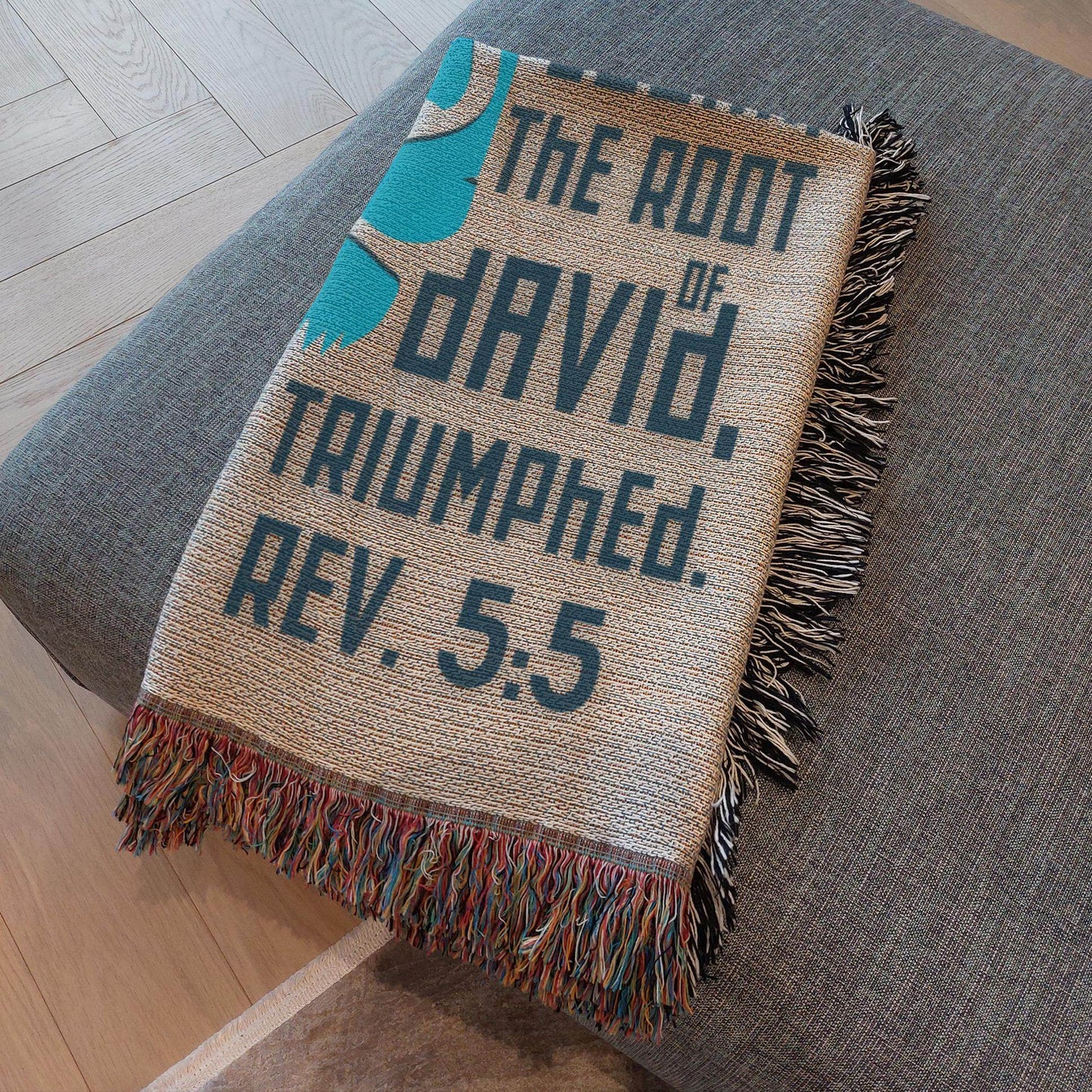 Lion of Judah – Revelation 5:5 Woven Blanket (Natural & Teal) - Harmony + Hope